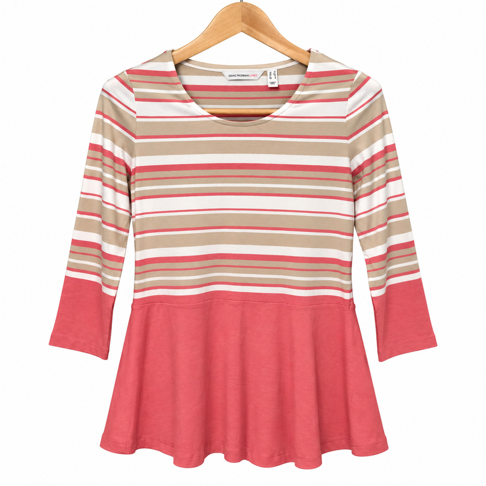 Isaac Mizrahi Live Top Womens XS Pink Striped Ruffle Peplum 3/4 Sleeve Tunic